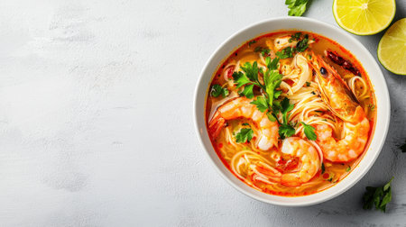 A vibrant bowl of shrimp soup garnished with herbs and lime, showcasing a rich broth and enticing flavors.の素材