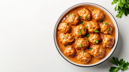 A bowl of meatballs in a rich sauce, garnished with parsley, showcasing a delicious and hearty meal.の素材