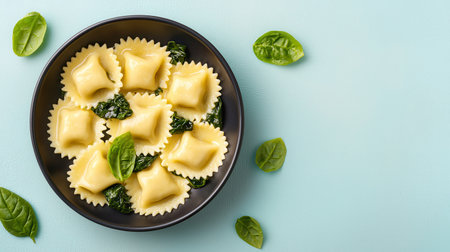 A bowl of fresh ravioli garnished with basil leaves against a light blue background, showcasing an appetizing Italian dish.の素材