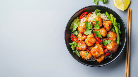 A vibrant bowl of crispy chicken served with noodles, garnished with fresh herbs, chili, and a slice of lemon.の素材