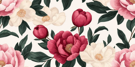 A vibrant floral pattern featuring peonies in shades of pink and white, surrounded by lush green leaves on a soft background.の素材