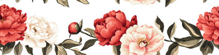 A vibrant floral pattern featuring peonies in shades of red and white, accented by green leaves on a clean background.の素材