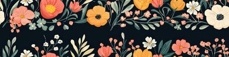 A vibrant floral pattern featuring colorful blossoms on a dark background, perfect for textile design and decorative purposes.の素材