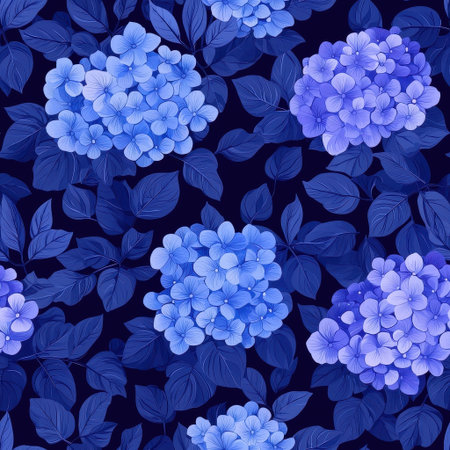 A vibrant pattern of blue hydrangea flowers against a dark background, showcasing various shades and lush green leaves.の素材