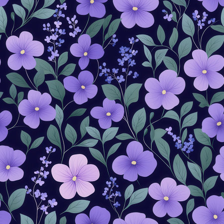 A vibrant floral pattern featuring various purple flowers and green leaves on a dark background.の素材