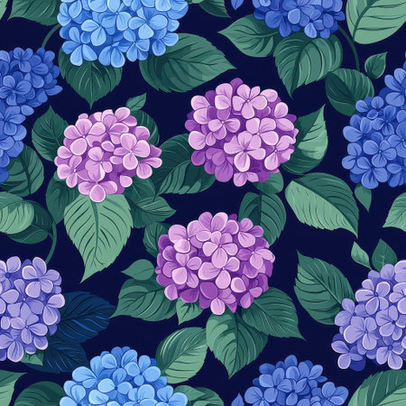 A vibrant pattern of hydrangea flowers in shades of purple and blue, surrounded by lush green leaves on a dark background.の素材