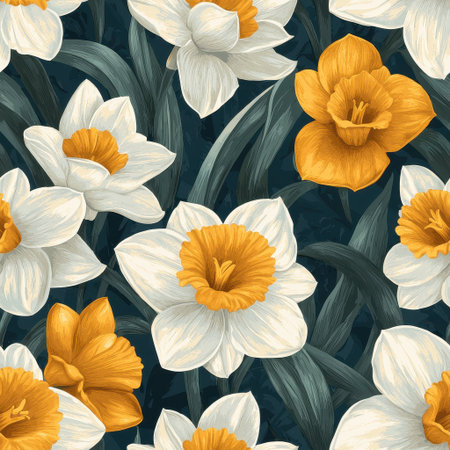 A vibrant pattern of daffodils in white and yellow, surrounded by lush green leaves, creating a cheerful floral display.の素材