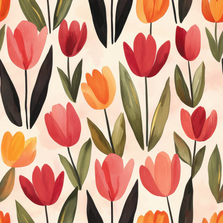 A vibrant floral pattern featuring various colorful tulips and leaves against a light background, perfect for spring themes.の素材