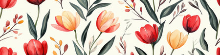 A vibrant floral pattern featuring red, yellow, and peach tulips intertwined with green leaves on a light background.の素材