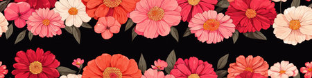 A vibrant arrangement of flowers in shades of pink, red, and white against a black background, creating a lively and decorative pattern.の素材