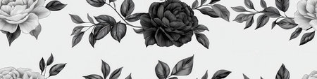 A monochrome floral pattern featuring elegant roses and leaves, perfect for a sophisticated design aesthetic.の素材