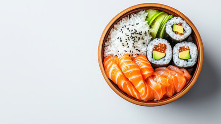A beautifully arranged sushi bowl featuring salmon sashimi, sushi rolls, rice, and avocado, all presented in a round wooden dish.の素材