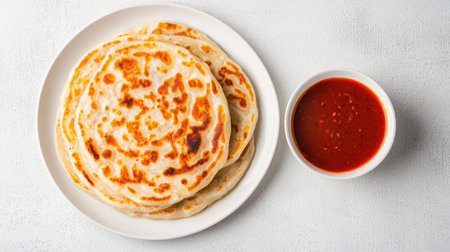 A plate of golden-brown flatbreads served with a small bowl of spicy dipping sauce on a light background.の素材