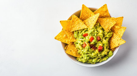 A vibrant bowl of guacamole surrounded by crispy tortilla chips, perfect for snacking or sharing at parties.の素材