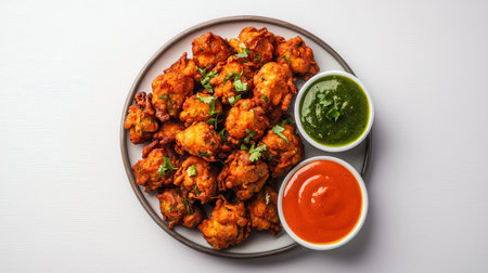 A vibrant plate of crispy fritters served with green and red dipping sauces, showcasing delicious Indian street food.の素材