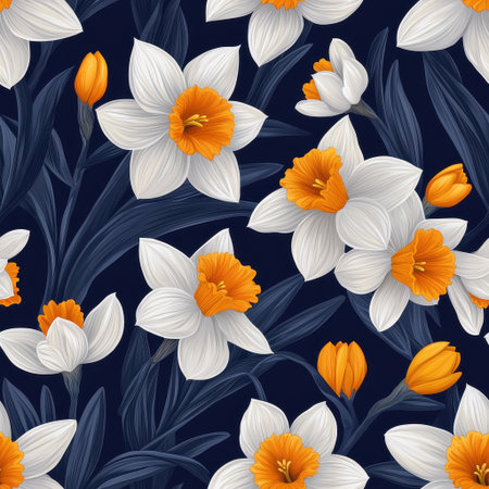 A vibrant floral pattern featuring white and orange daffodils against a dark navy background, creating a striking and elegant visual effect.の素材