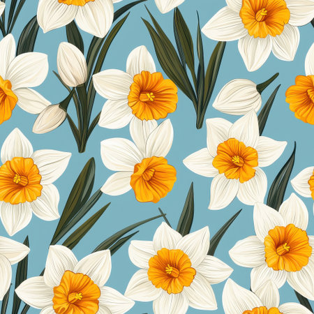 A vibrant pattern of white and yellow daffodils against a blue background, showcasing floral beauty and springtime freshness.の素材