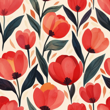 A vibrant floral pattern featuring red and pink flowers with green leaves on a light background.の素材