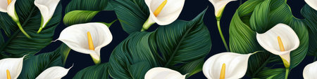 A vibrant pattern of white calla lilies and lush green leaves against a dark background.の素材