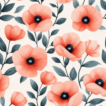 A vibrant pattern featuring coral flowers with dark centers and green leaves on a light background.の素材