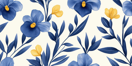 A vibrant watercolor floral pattern featuring blue flowers and yellow accents against a light background.の素材