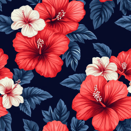 A vibrant pattern featuring red and white hibiscus flowers surrounded by dark green leaves on a deep navy background.の素材