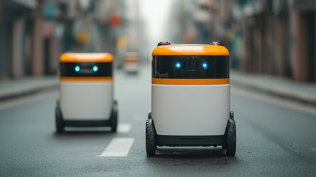 Two autonomous delivery robots navigate a quiet urban street, showcasing advanced technology and innovation in urban logistics.の素材