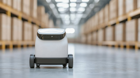 A small autonomous robot is navigating an industrial warehouse filled with neatly stacked boxes, showcasing advanced automation technology.の素材