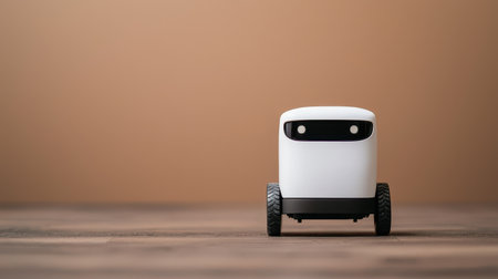 A small, white delivery robot with two wheels stands on a wooden surface against a plain background, representing modern technology and automation.の素材