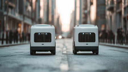 Two autonomous delivery vehicles on a city street, showcasing modern technology against a backdrop of urban architecture during golden hour.の素材