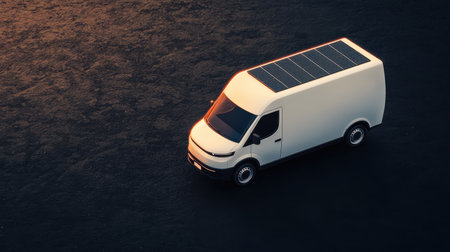 A sleek white van with a solar panel on its roof, parked on a dark surface, illuminated by soft light.の素材