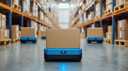 A warehouse scene featuring automated robots transporting boxes along aisles, highlighting efficiency in logistics and supply chain management.の素材