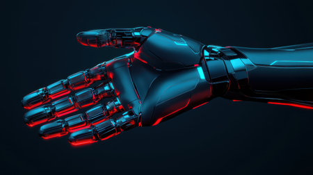 A futuristic robotic hand extends, showcasing intricate details and glowing accents against a dark backdrop.の素材