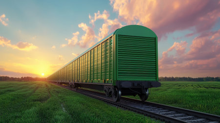 A vibrant sunset illuminates a green train car on tracks, surrounded by lush fields, creating a serene landscape that evokes travel and adventure.の素材