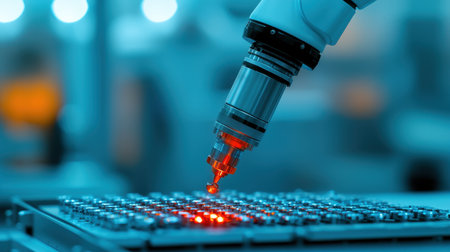 A robotic arm applies precision to a circuit board, showcasing modern technology in a high-tech manufacturing environment.の素材