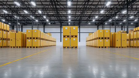 A spacious warehouse interior filled with neatly stacked yellow containers, showcasing an organized storage system under bright lighting.の素材