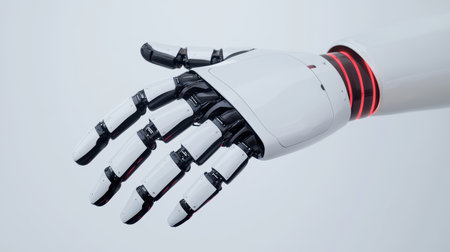 A futuristic robotic hand with sleek design and articulated fingers, showcasing advanced technology and innovation in robotics.の素材