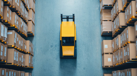 A yellow forklift navigates through a warehouse filled with neatly stacked cardboard boxes.の素材