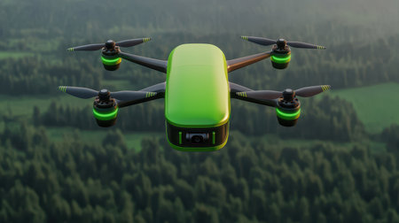 A vibrant green drone hovers above a lush forest, showcasing its sleek design and advanced technology against a backdrop of trees and natural landscape.の素材