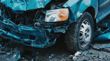 A damaged car with crumpled bodywork and a broken wheel, showing signs of a severe accident on a gravel surface.の素材