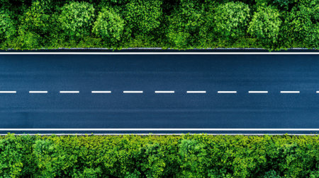 Aerial view of a straight road bordered by lush green trees, showcasing a peaceful and serene landscape.の素材