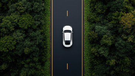 A sleek white car drives along a winding road bordered by lush green trees, showcasing a harmonious blend of nature and modern transportation.の素材