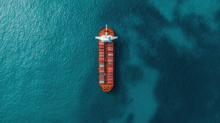 Aerial view of a large cargo ship with colorful containers sailing on tranquil blue waters.の素材