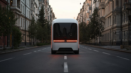 A futuristic, sleek white vehicle stands alone on an empty street, surrounded by elegant buildings, reflecting modern urban design and eco-friendly transport.の素材