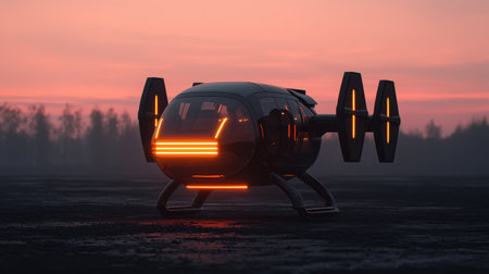A futuristic air vehicle with glowing features, set against a dramatic sunset backdrop, symbolizing advanced transportation technology.の素材