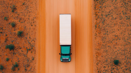 A green truck drives along a dusty, unpaved road surrounded by sparse vegetation, showcasing a rural landscape.の素材