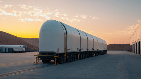 A long, cylindrical train car sits on a track under a colorful sunset, surrounded by a spacious area with warehouses in the background.の素材