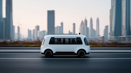 A sleek, modern white autonomous vehicle drives along a city road with a skyline in the background, showcasing urban innovation and technology.の素材
