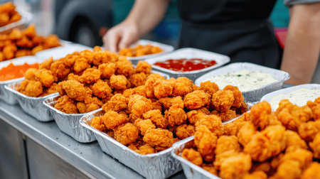 Delicious fried food displayed in trays at a street food vendor.の素材