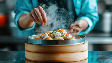 Steaming dumplings being prepared in a kitchen.の素材
